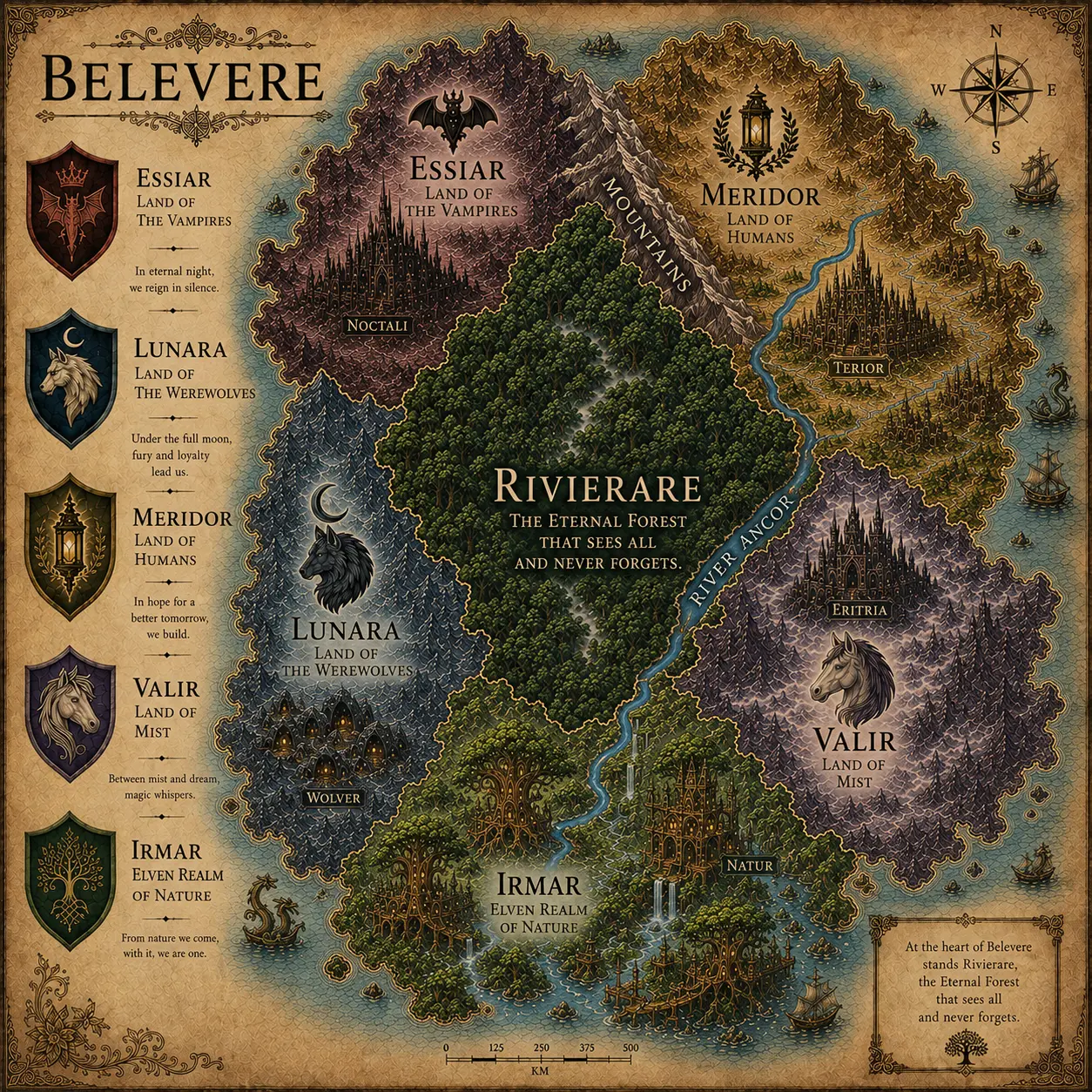 Illustrated map of Belevere showing the five realms